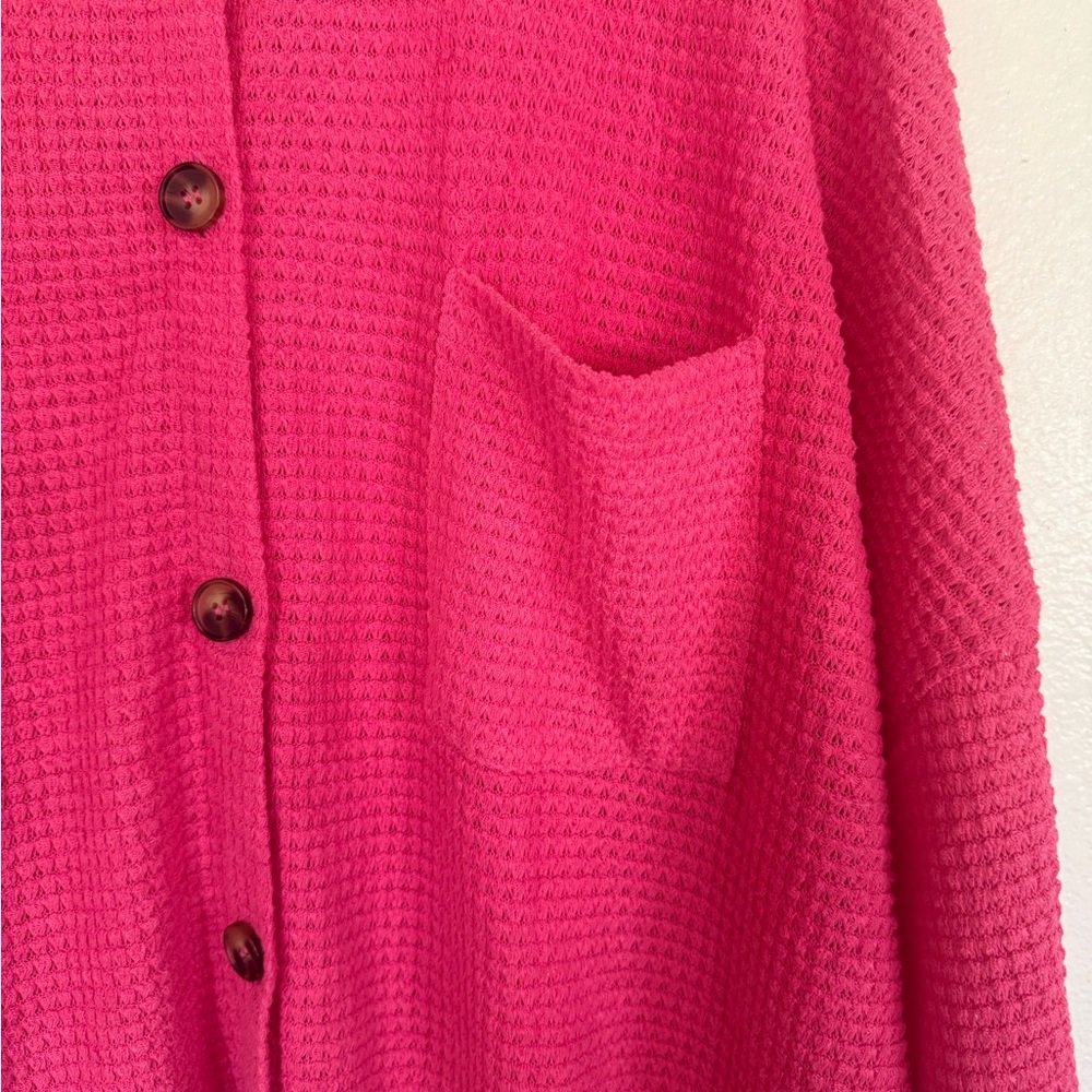 Pink Waffle Knit Button Up Top Textured Long Sleeve Oversized XL 🧺 - Picture 4 of 4